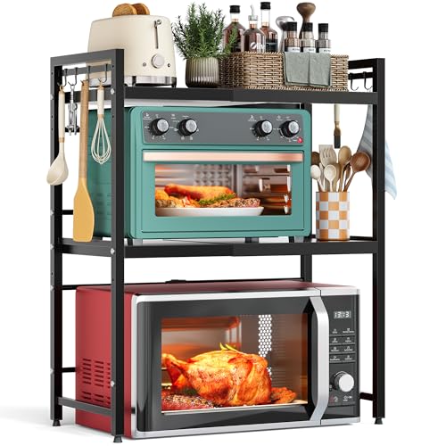NETEL Soporte Extensible para microondas, Estante para Cocina, Altura Ajustable Estante para microondas, Organizador de Cocina, 3 Niveles con 8 Ganchos, Kitchen Shelves, Negro
