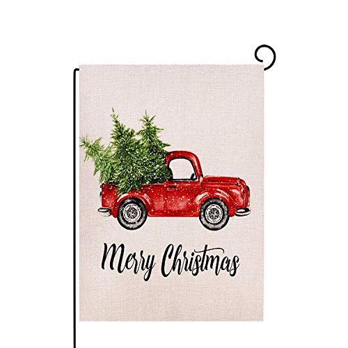OZMI Merry Christmas Garden Flag, Xmas Double Sided Burlap Red Truck with Snow Winter Flag, Rustic Merry Christmas Decoration New Year Seasonal Outdoor Flag 12 x 18 for Holiday