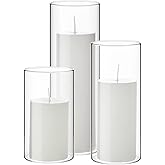 Shihanee Set of 3 Pillar Candles and 3 Glass Cylinder Candle Vases Holders Clear Pillar Jars for Wedding Centerpieces(2.6'' X 4.7'', 5.9'', 7.9'',White)
