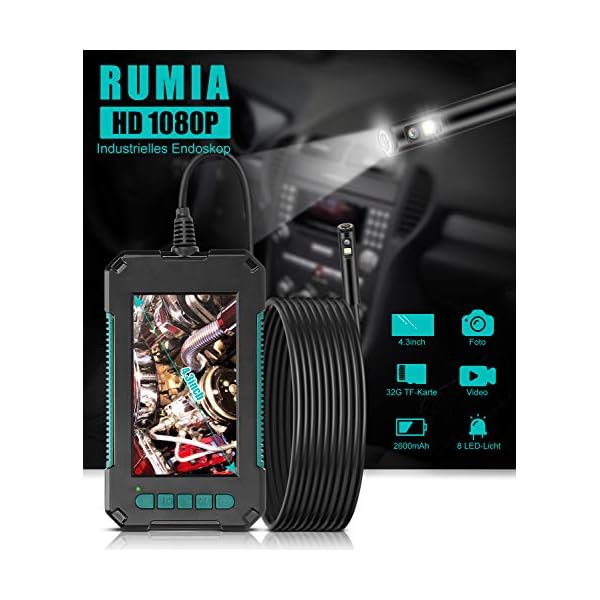 Endoskopkamera RUMIA Dual-Kameras Endoskopkamera mit 8 LEDs IP67 Wasserdicht Licht,4,3 Zoll Bildschirm Endoskop 1080P… – Bild 3