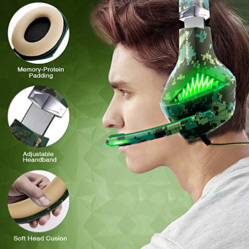 ShinePick 3.5mm PS4 Gaming Headset Wired Bass Stereo Noise Isolation Gaming Headphone with Mic and LED Lights for Xbox one, Playstation 4, Laptop, PC(Camo)