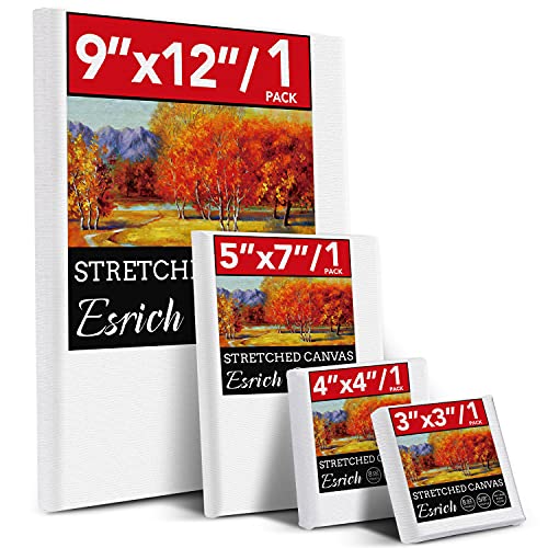 ESRICH 4 Pack Stretched Canvas for Painting with 9x12, 5x7, 4x4, 3x3, Primed Acid-Free Cotton Blank Canvases for Painting, Painting Canvas for Oil & Acrylic Paint.