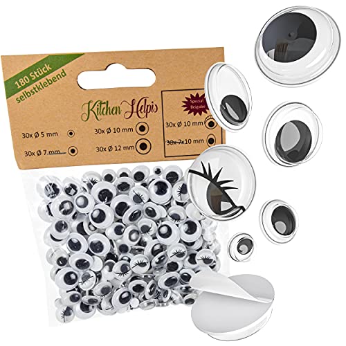 Kitchen Helpis® Funny google eyes self adhesive for handicrafts, 180 pieces wiggly eyes, googley eyes adhesive large and small, stick on eyes stickers mix, wiggly eyes self-adhesive, google eyes craft