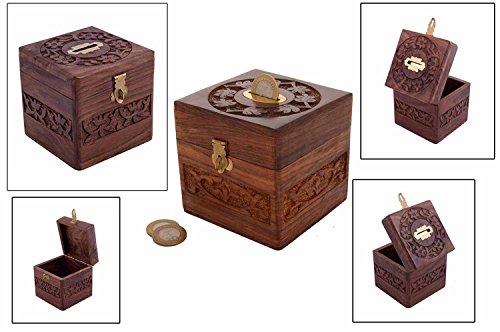 Valentine Day Special Present,  Wooden Coins Storage Box, Money Bank & Carving Work & Lock, Kids Coin Bank, Money Banks For Kids / Adults / Girls, Brown Color Size 4.5 X 3 Inch