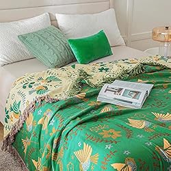 MSGKV Boho Throw Blanket Green Blanket 100% Cotton