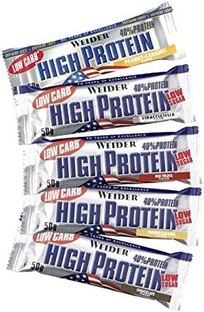 6 Pack Weider 40% Low Carb High Protein Bar 1 x 50g - 4 Flavors to Choose - Improve Recovery Process of Muscles - Optimum Recovery and Muscle Growth - 2% Net of Carbohydrates - Spains (Peanut-Caramel)