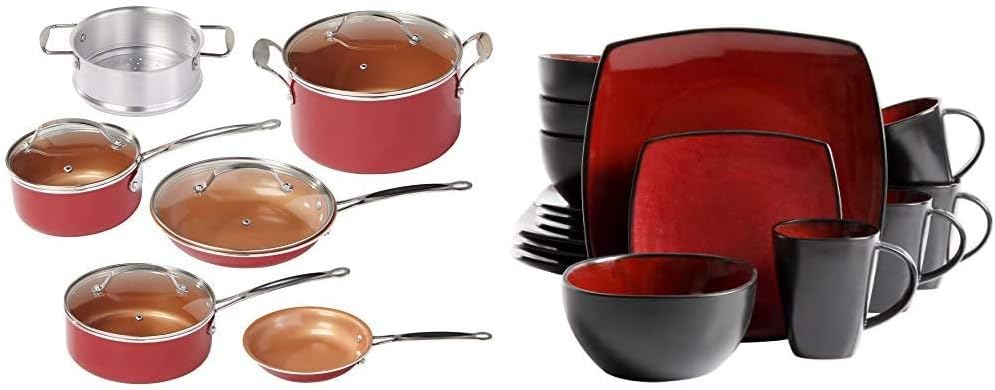 BulbHead Red Copper 10 PC Copper-Infused Ceramic Non-Stick Cookware Set: Kitchen & Dining