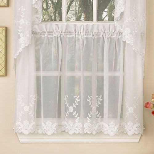 Fancy Laurel Leaf Sheer Voile Embroidered White Kitchen Curtains Tier Valance or Swag