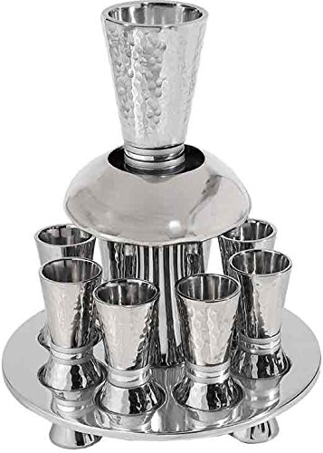 Yair Emanuel Hammered Nickel Wine Fountain with Cone Shaped Cups - Silver Rings