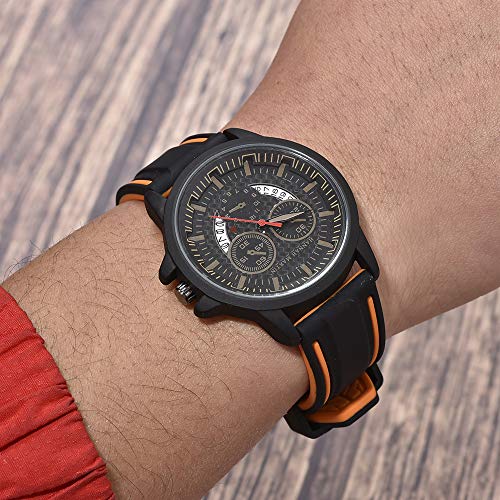 EACHE Silicone Watch Band Two-Color Splicing Rubber Replacement Diver Sport Waterproof Watch Strap Black Orange Silver Buckle 22mm
