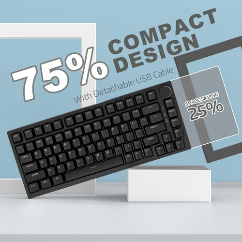 ATTACK SHARK Ajazz AK820 Mechanical Keyboard with with CNC Knob Control,75% Gasket Mount Keyboard and Detachable USB Wired Gaming Keyboard for Wind/Mac,White Light,NKRO,Blue Clicky Switch(Black)