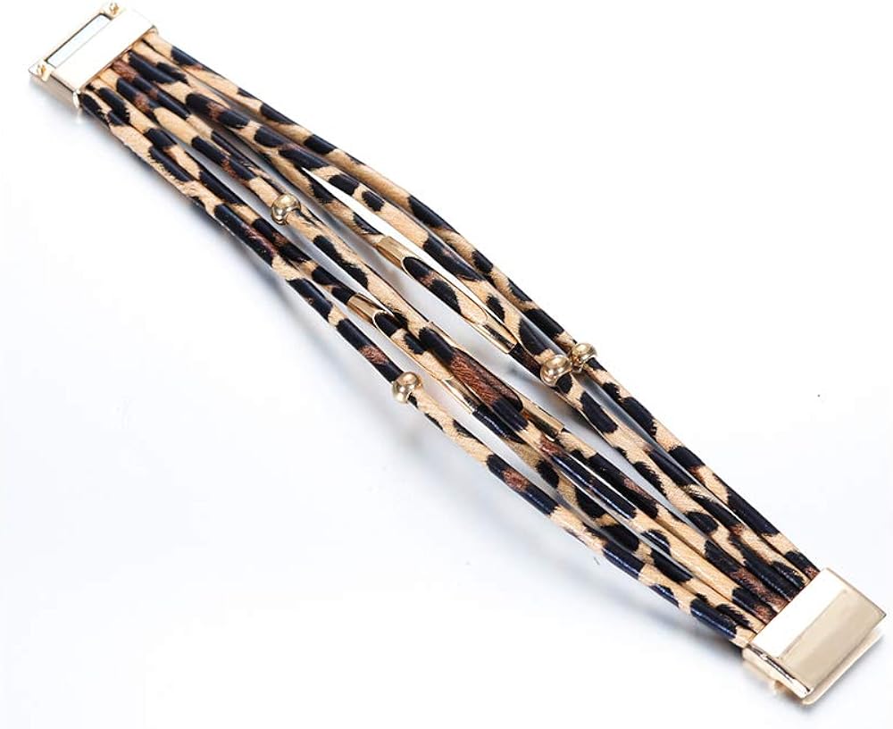 Fesciory Leather Wrap Bracelet for Women, Leopard Multi-Layer Magnetic Buckle Cuff Bracelet Jewelry: Clothing