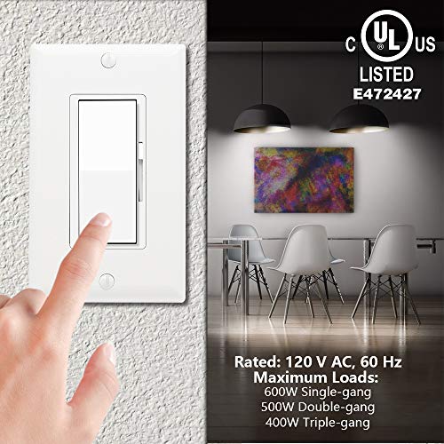 Dimmer Light Switch, UL Listed, 3 Way, Universal Lighting Control with Decor Wall Plates for Dimmable LED, Halogen and Incandescent Bulbs (White)