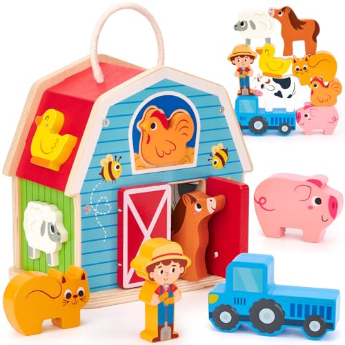 hahaland Montessori Toys 1 Year Old, 4 in 1 Farm Toy with 7 Animals & Barn, Wooden Stacking and Sorting Game, Gift for Kids Ages 1-3