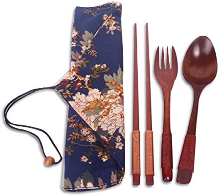 Cuku Cool Japanese Style Handmade Bamboo Natural Healthy Wooden Tableware Sets of 4-pieces(1 Spoon, 1 Chopsticks, 1 Fork, 2 Tableware Bag) Blue01