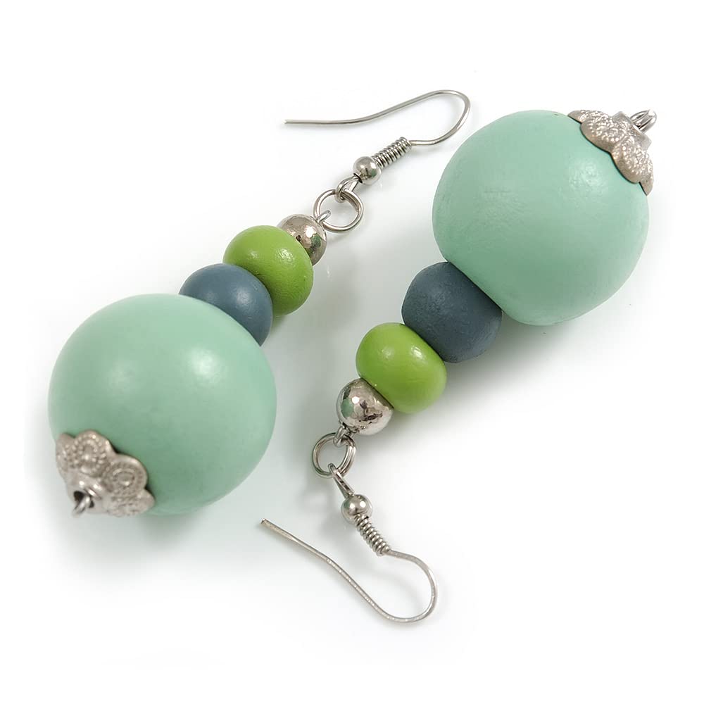 Graduated Grey/Mint/Lime Green Painted Wood Bead Drop Earings - 65mm Long