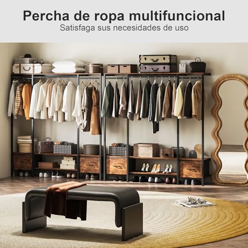 Simple Wisdom Perchero para Ropa, Closet Armables para Ropa, Closet de Madera, Montado en la Pared, Organizador de Ropa con Dos Cajones de Tela, Tamaño: 156 * 32 * 160 CM, Color Retro