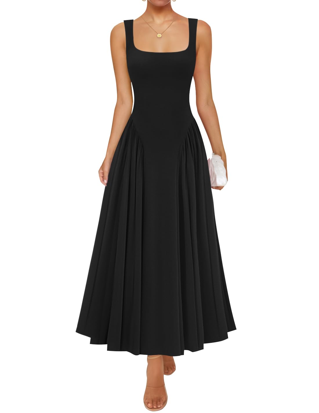 Photo 1 of ZESICA Womens 2025 Summer Sleeveless Square Neck Sundress Casual Long Flowy A Line Knit Dress Beach Vacation Maxi Dresses,Black,Small