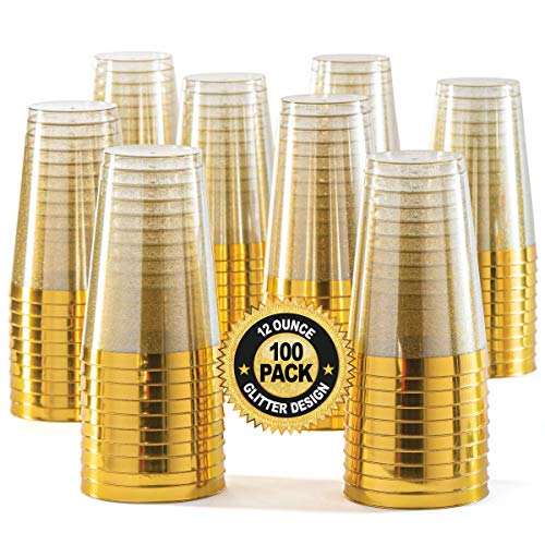 100 Gold Plastic Cups 12 oz Gold Glitter with a Gold Rim Premium