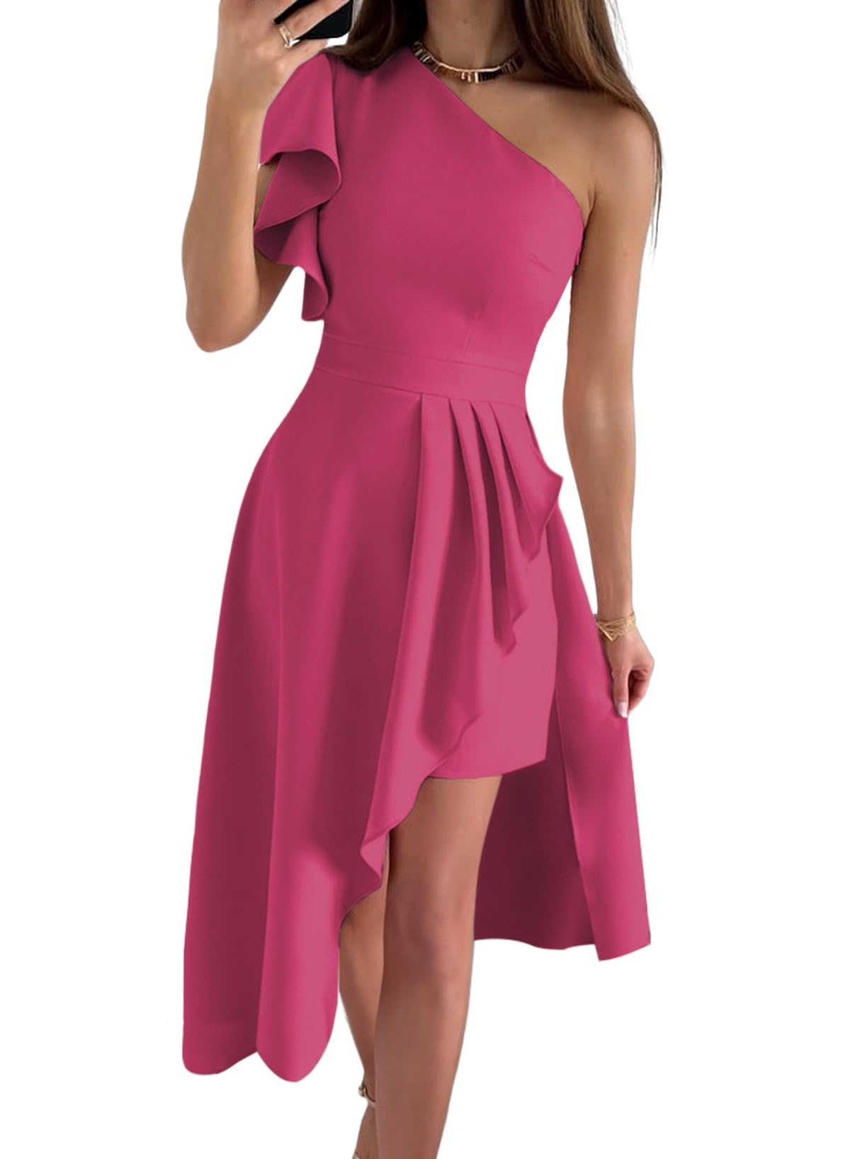 Dokotoo Womens Spring Fashion 2024 One Shoulder Sleeveless Elegant Formal Dresses Solid Color Mini Dress High Low Asymmetrical Hem Empire Waist Dress with Zipper Hot Pink Medium