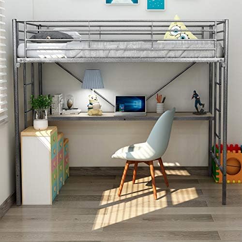 DUMEE Twin Over Loft Metal Bunk Bed with Ladder Beds Bedroom Dorm Boys Girls Teens Kids Black Silver