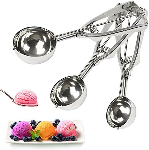 Ice Cream Scoop Stainless Steel with Trigger Set Cookie Melon Spoon Scoopers Gift for Kids, Friends &amp; Familes (Set of 3)