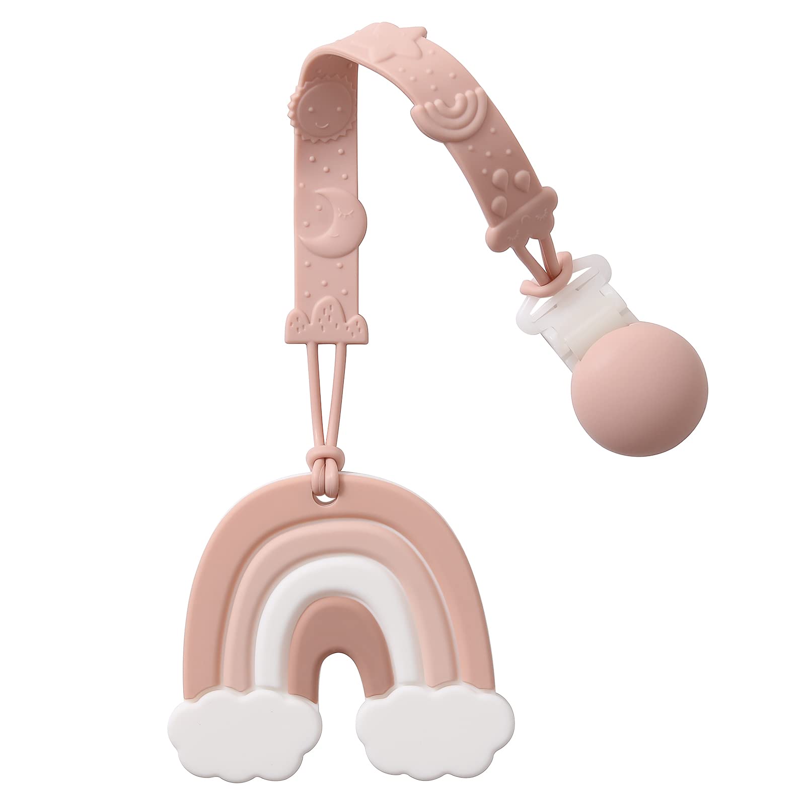 Teething Toys for Babies 0-6 Months Baby Teethers with Clip Silicone Baby Teether Toys for Boys and Girls Infant Teething Toys for Babies Rainbow Shape with Travel Case-Blush