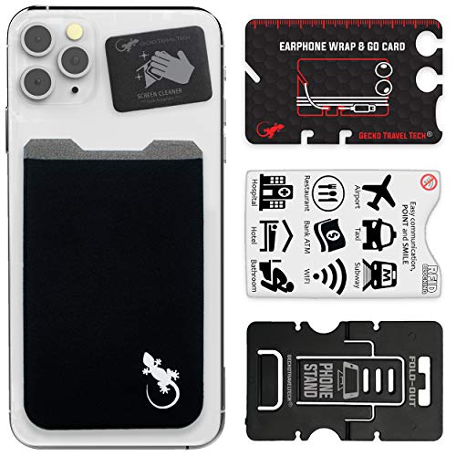 Gecko Adhesive Phone Wallet & RFID Blocking Sleeve, a Stick-On Stretchy Lycra Card holder Universally fits most Cell Phones & Cases. Xtra Tall Pocket Totally Covers Credit Cards & Cash - BLACK