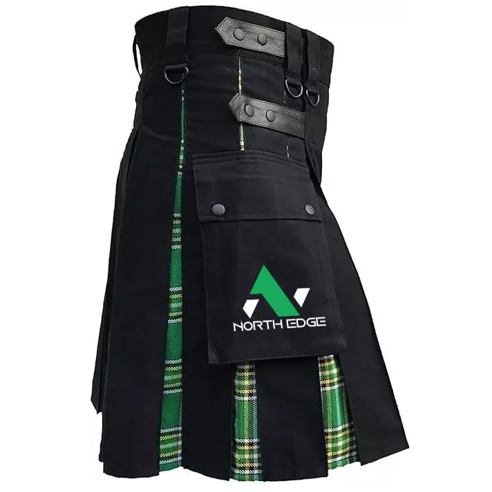 Men's Hybrid Leather Straps Black Cotton Utility Kilt, Black Cotton & Irish Tartan