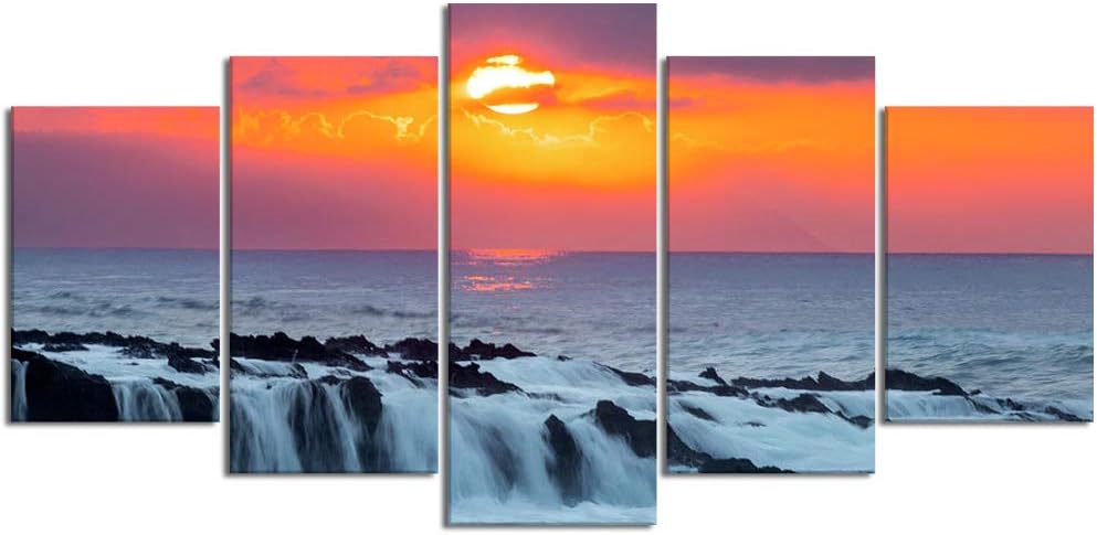 XINGAKA Paintings Modern Canvas Painting Wall Art Pictures 5 Pieces, Crashing Waves Rocks Sunset Sharks Cove North Shore vog Volcanic ash Lava Rocks Surreal sea,Wall Decor HD Printed Posters Frame