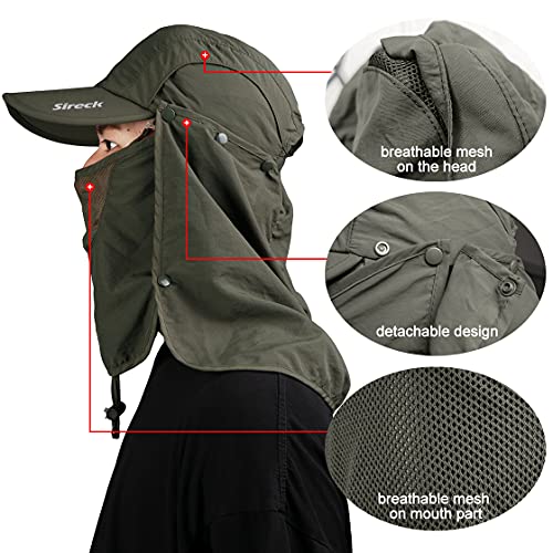 Sireck Fishing Hat Sun Cap, Outdoor UPF 50+ Safari Hat with Removable Neck Flap, Breathable & Sun Protection Hiking Hat Bucket Hats for Men Women (Army Green)