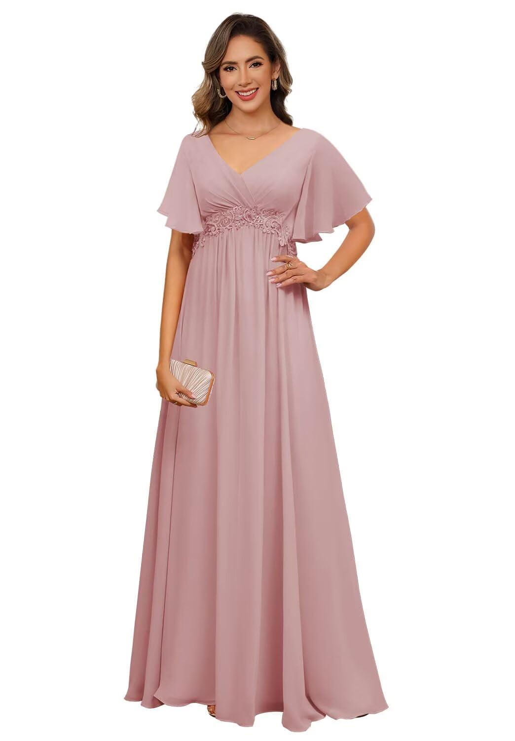 Photo 1 of Miao Duo Long Dusty Rose Women's V Neck Mother of The Bride Dress 2025 Lace Applique Short Sleeves A Line Ruched Cocktail Dresses with Pockets for Women US12