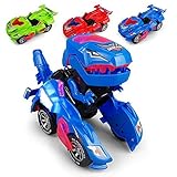 GRAWILLE Transforming Dinosaur LED Car Dinosaur Transform Car Toy Automatic Dino Dinosaur Transformer Toy Car for Kids 3+ Years Old (Blue)