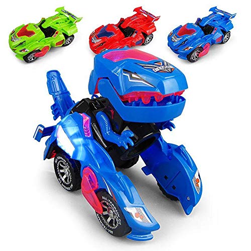 GRAWILLE Transforming Dinosaur LED Car Dinosaur Transform Car Toy Automatic Dino Dinosaur Transformer Toy Car for Kids 3+ Years Old (Blue)