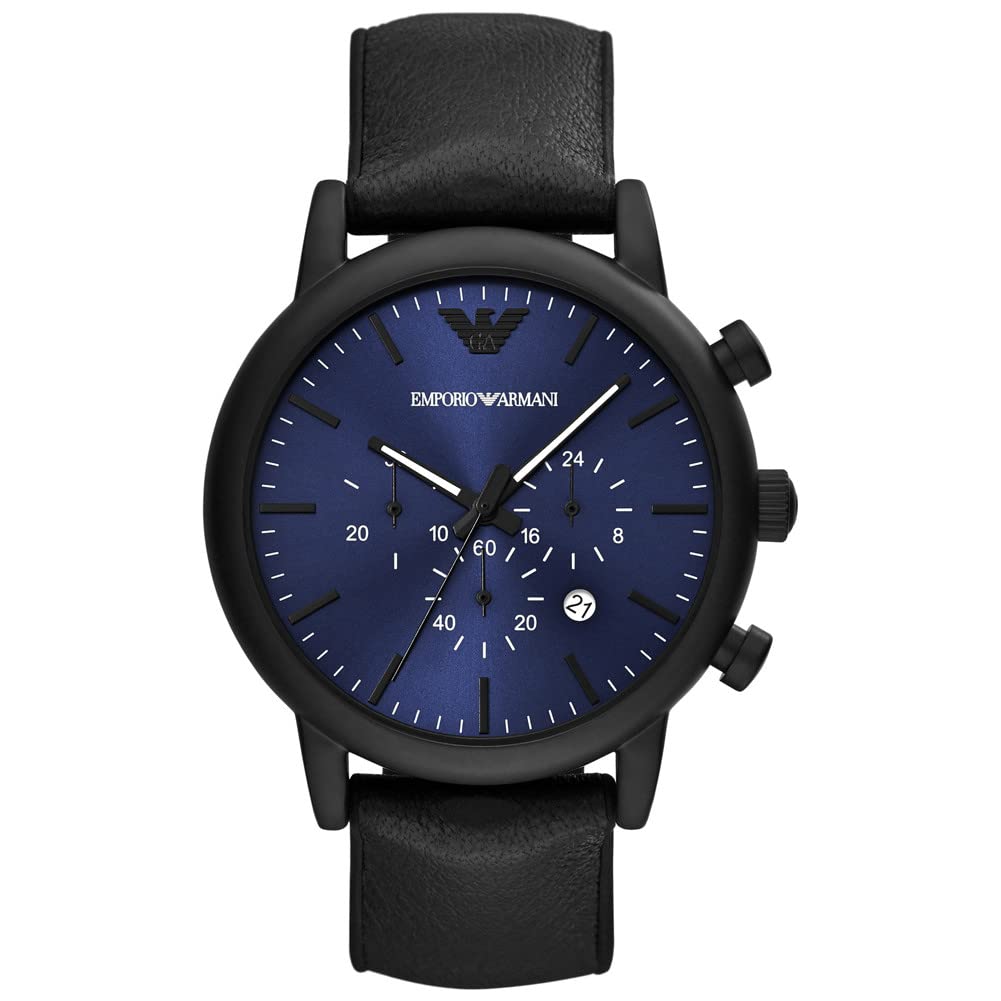 Emporio Armani Watch for Men, Quartz Movement, 46 mm Black Stainless Steel Case with a Leather Strap, AR11351