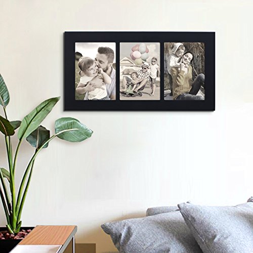 Adeco Decorative Wood Divided Wall Hanging Artwork Print Picture Photo Frame, 3 Opening 5x7" (Black)