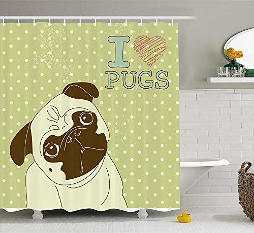 gnietog Pug Shower Curtain, Cute Little Dog with Tilted Head with Lovely Expression I Love Pugs Pet, Fabric Bathroom Decor Set with Hooks, 60W X 72L Inche Extra Wide, Avocado Green Baby Blue