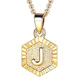 Initial Letter Pendant Necklace Girls Womens Yellow 18K Gold Plated Hexagon Script Capital Initial Jewelry Stainless Steel Adjustable Gold Link Chain 20 Inch Monogram Necklace Gift(Alphabet J)