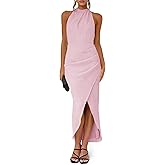 Fisoew Womens Halter Neck Party Dress Sleeveless Slit Textured Backless Sim Fit Ruched Sexy Midi Cocktail Dresses