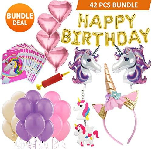 42 PIECES Unicorn Party Supplies Set &amp; Party Decorations for Kids, Glitter Unicorn Headband for Birthday Girl, Gold Happy Birthday Banner, Foil &amp; Latex Balloons, w/ Air Pump, Unicorn Theme Decor Pack