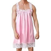 ABAFIP Men's Sissy Satin Babydoll Dress Lace Ruffle Nightgown Mini Nightdress Shiny Nightgown Nightwear