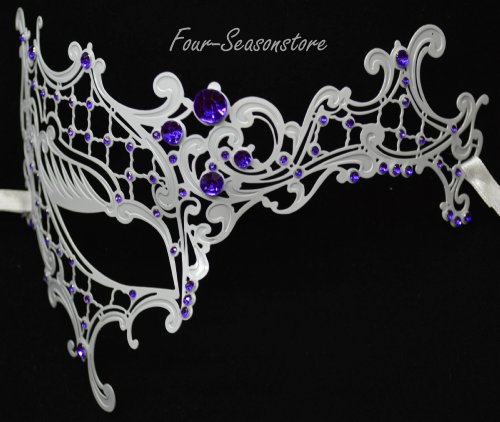 New Women Metal Phantom Mask Laser Cut Venetian Halloween Masquerade Mask Costume Extravagant Inspire Design - White w/ Purple Rhinestones