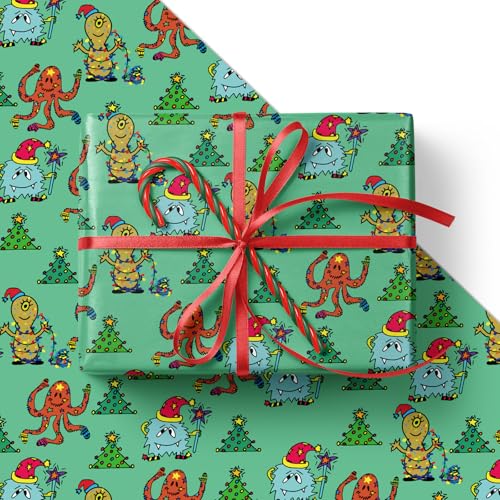 Photo 1 of **2 pack**Febbleshow Funny Christmas Wrapping Paper for Boys Girls Kids - Xmas Gift Wrap with Green Monster, Trees, Snowflakes & Presents - 4 Jumbo Sheets, 28" x 40" Each (32 sq. ft ttl), Easy to Store