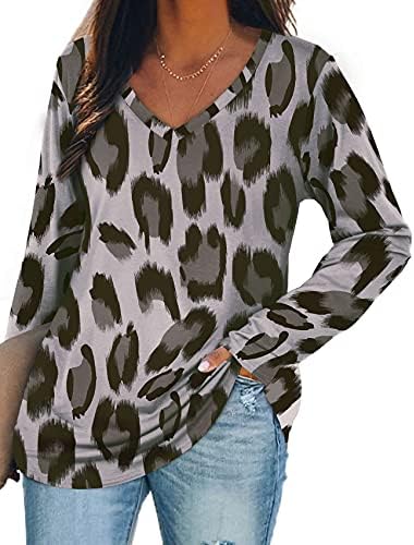 V-Neck Tee Tops, Grey Leopard 