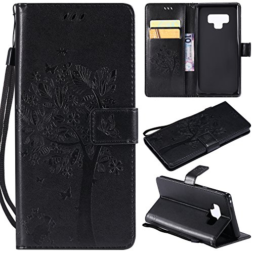 Galaxy Note 9 Case,Samsung Note 9 Wallet Case,Galaxy Note 9 Flip Case PU Leather Emboss Tree Cat Flowers Folio Magnetic Kickstand Cover with Card Slots for Samsung Galaxy Note 9 Black