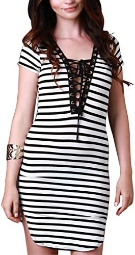 AK Women's Sexy Casual Deep V Neck Lace Up Short Sleeve Stripe Mini Dress Black XL