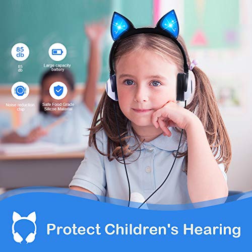 Esonstyle Kids Headphones Over Ear with LED Glowing Cat Ears,Safe Wired Kids Headsets 85dB Volume Limited, Food Grade Silicone, 3.5mm Aux Jack, Cat-Inspired (led cat Ear Kids Headphones-Black)