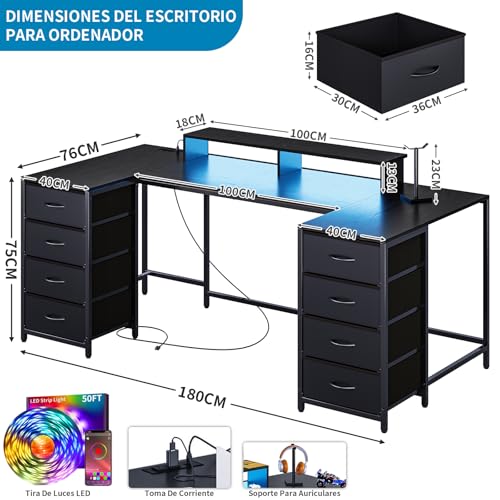 Simple Wisdom Escritorio Gamer,Escritorio Minimalista,El Escritorios Viene con un Cajón de Tela,una Regleta de Enchufes,una Regleta Luces, un Soporte Para Monitor y un Soporte Para Auriculares (Negro)