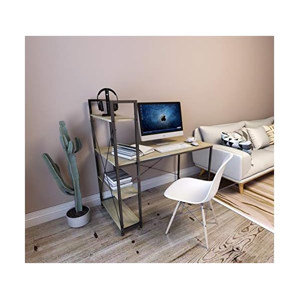 WOLTU Schreibtisch mit 4 Regalen - Computertisch fÃ¼r BÃ¼ro/Homeoffice/Schlafzimmer - 120x60 cm - Eichenholz-Optik mit schwarzem Metallgestell – Bild 3