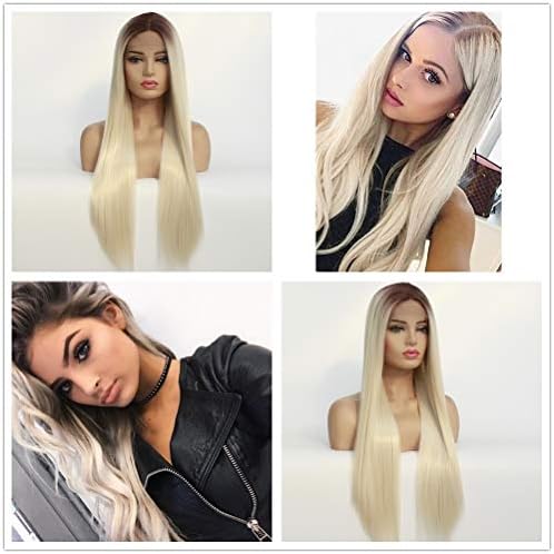 Jisheng Fashion Ombre Glueless Brown Roots to Blonde Lace Front Wigs 2 Tone Color Long Natural Straight Heat Resistant Synthetic Hair Replacement Wig For Women Half Hand Tied 22 Inches with Wig Cap­